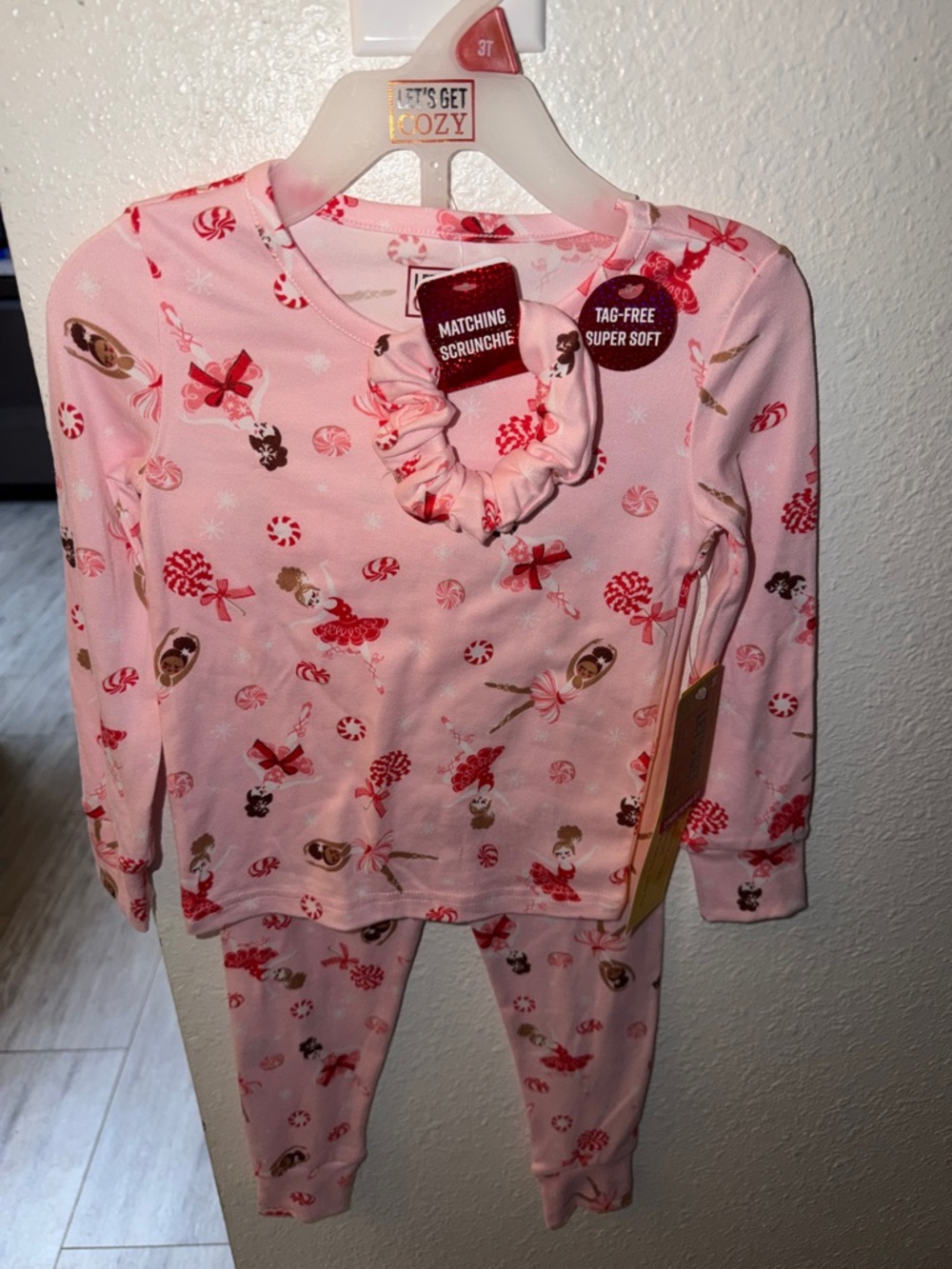 Girls Pink Ballerina & Candy Print Pajama Set with Matching Scrunchie